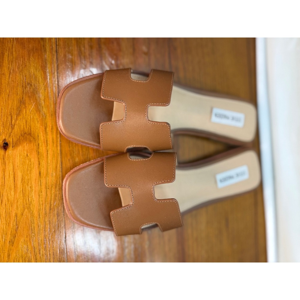 Steve Madden Cognac Leather H-Band Slide Sandals Brown Square Toe Womens 8 NWOB - Picture 3 of 6